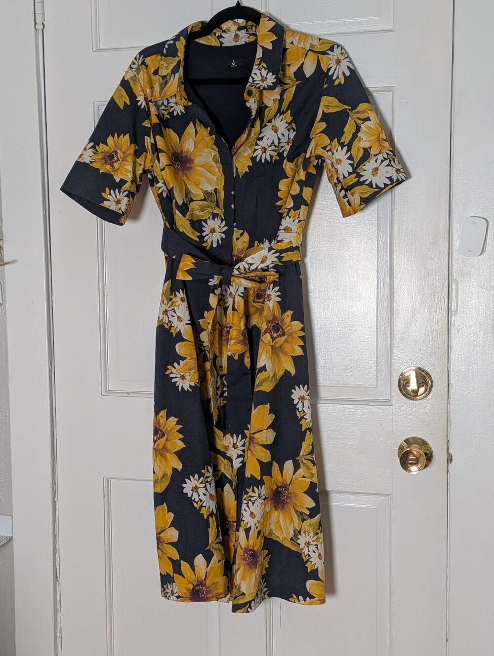 Jason Wu Black Midi Shirt Dress with Yellow Floral Print - Picture 2 of 4